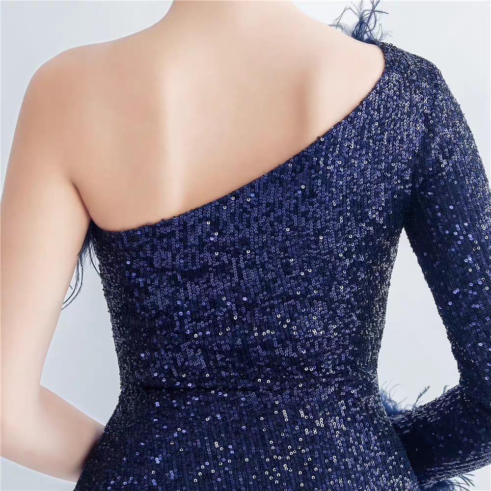 Western Couture Imported One Shoulder Fur Detailed Sequined Party Wear Cocktail Dress