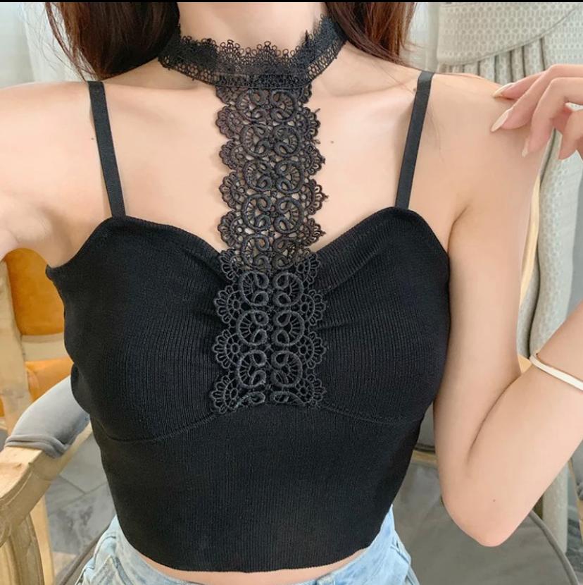 Western Couture Women's Lace Halter Choker Cami Top - Sexy Ribbed Spaghetti Strap Party Wear Crop Top