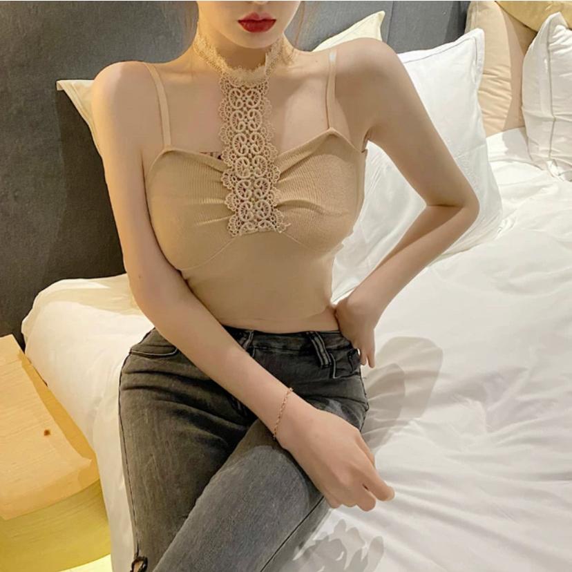 Western Couture Women's Lace Halter Choker Cami Top - Sexy Ribbed Spaghetti Strap Party Wear Crop Top