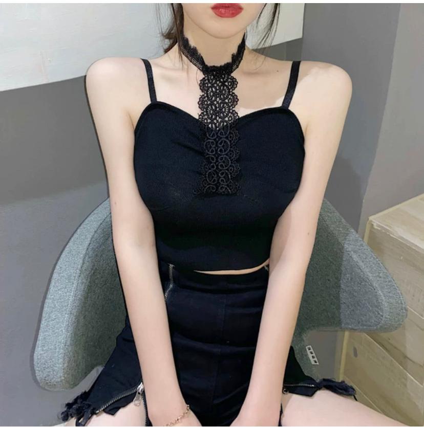 Western Couture Women's Lace Halter Choker Cami Top - Sexy Ribbed Spaghetti Strap Party Wear Crop Top