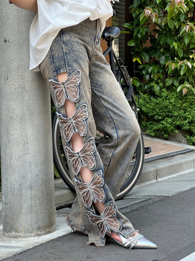 Western Couture Butterfly Embroidered Ripped Denim Jeans, Y2K Style, Waist 28-34 inches, Grey
