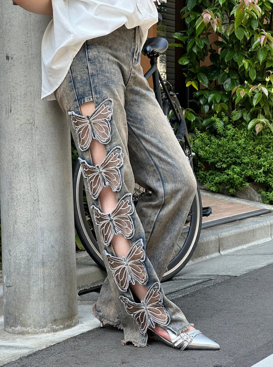 Western Couture Butterfly Embroidered Ripped Denim Jeans, Y2K Style, Waist 28-34 inches, Grey