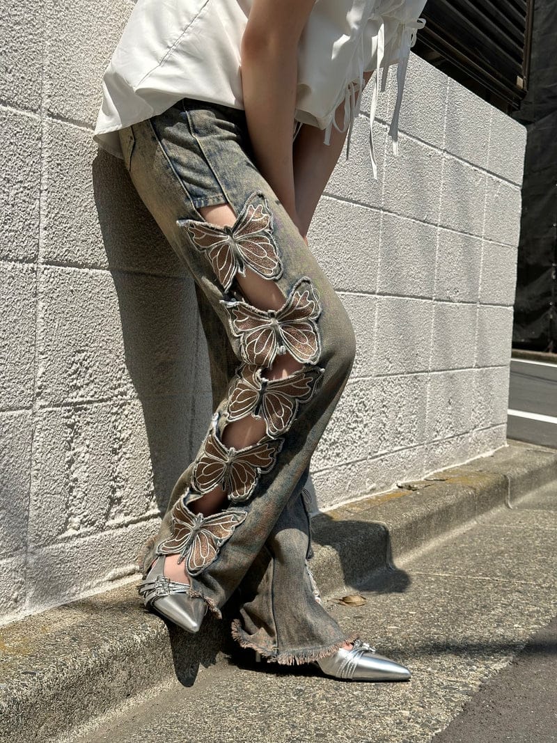 Western Couture Butterfly Embroidered Ripped Denim Jeans, Y2K Style, Waist 28-34 inches, Grey