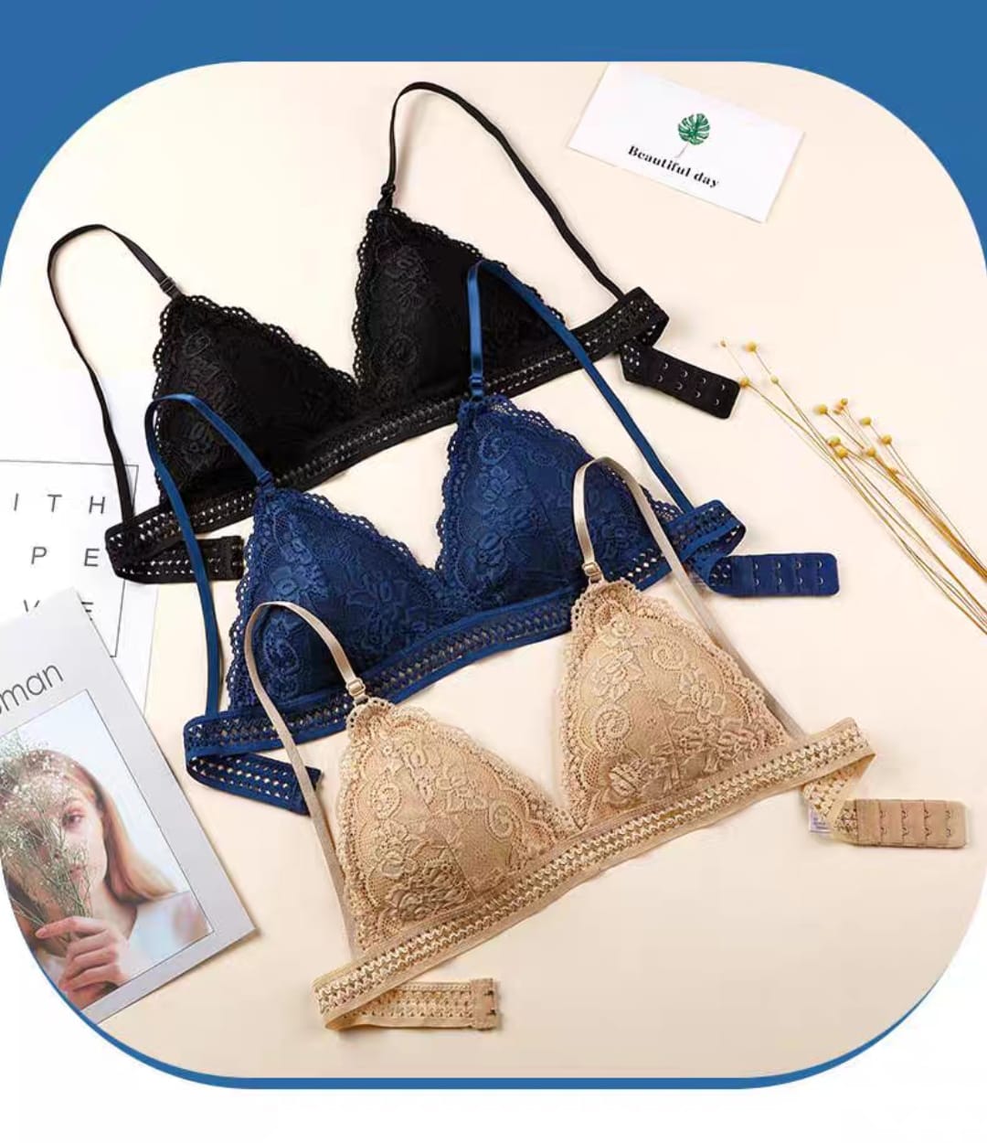 • Western Couture Women's Premium Floral Lace Padded Bralette - Wireless Seamless Low-Back Comfort Bra (Free Size)