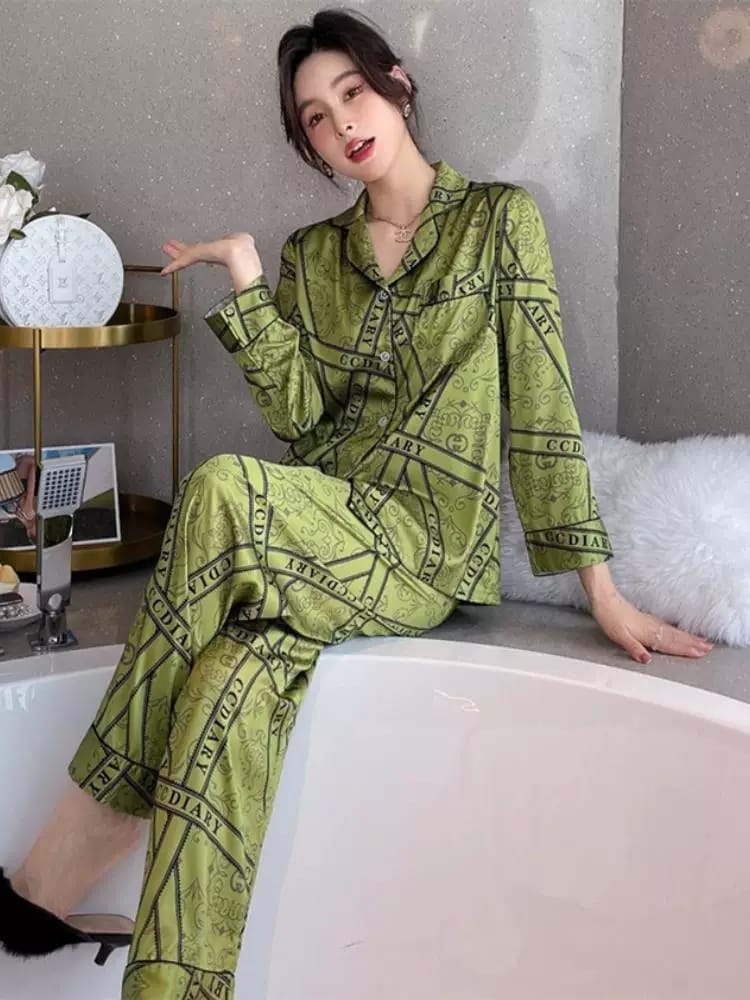 Western Couture Premium Silk Satin Night Suit Set - Luxury Chain Print 2-Piece Loungewear