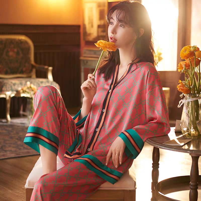 Western Couture Premium Silk Satin Night Suit Set - Luxury Chain Print 2-Piece Loungewear