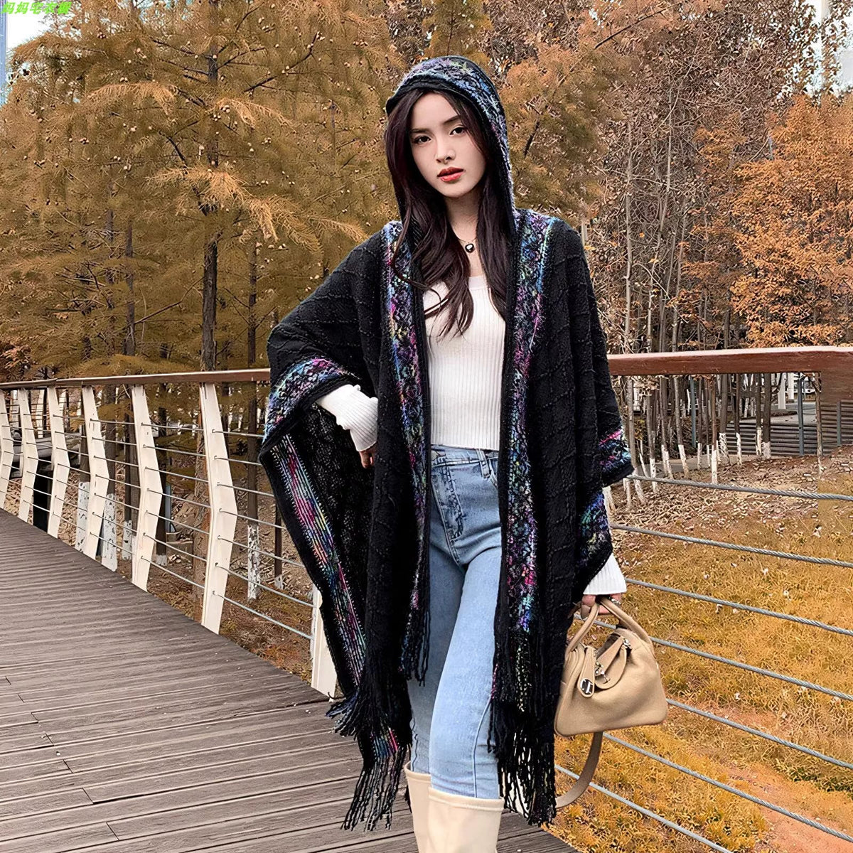 Western Couture Women's Hooded Poncho Shawl - Cable Knit Winter Cape with Fringes