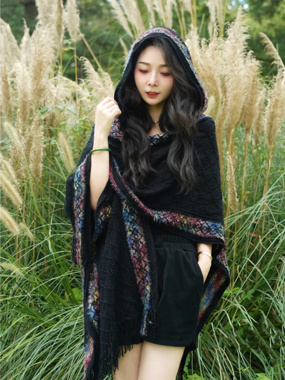 Western Couture Women's Hooded Poncho Shawl - Cable Knit Winter Cape with Fringes