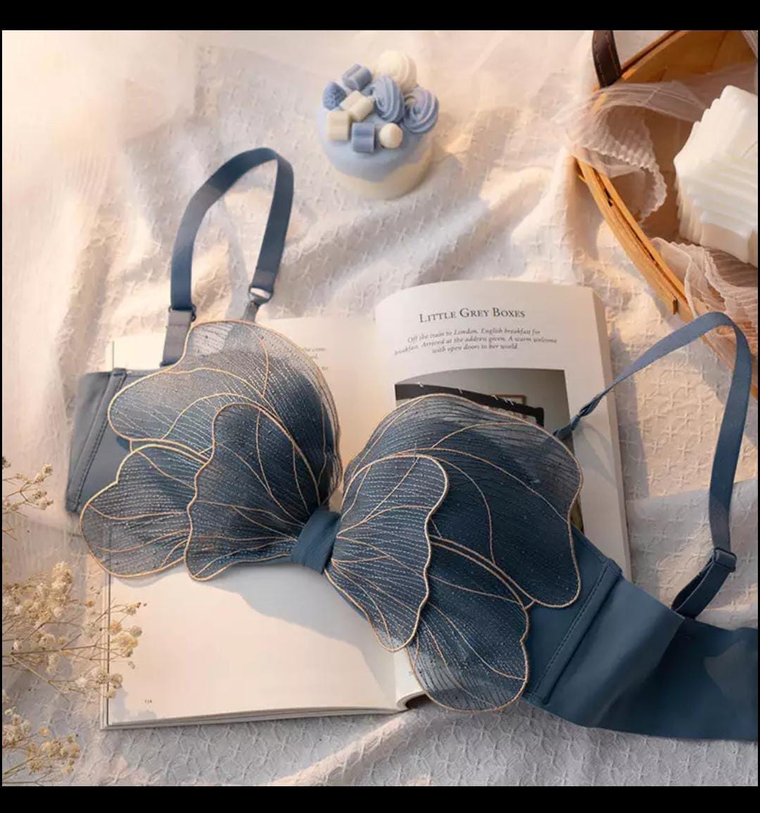 Butterfly Wing Lingerie Set - Steel Blue Flat Lay