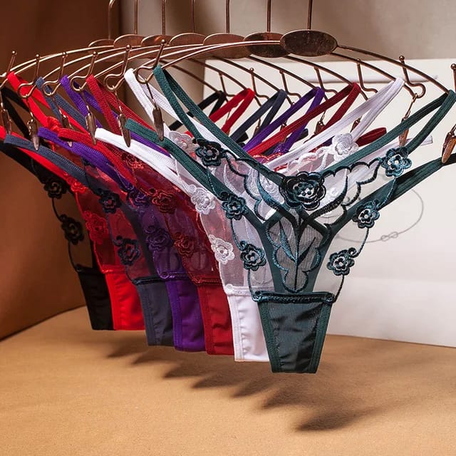 Women's Lace Thong Panty, Imported Embroidered Lace, Large, Seamless Design, Breathable Fabric