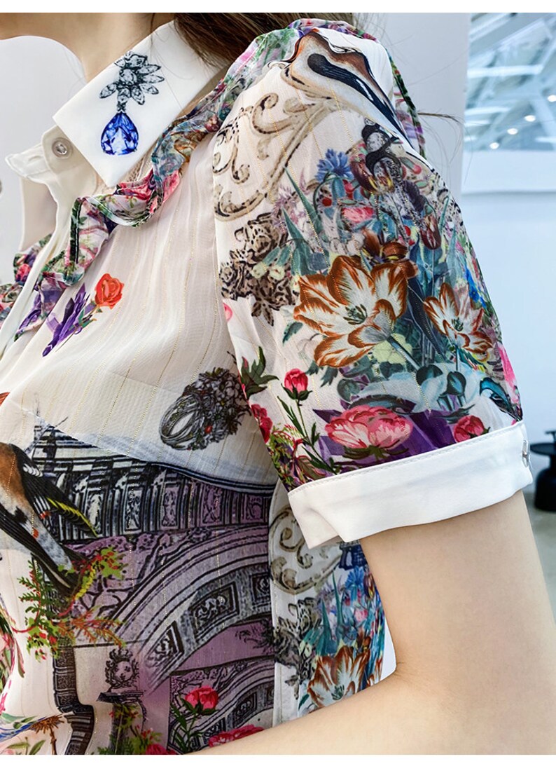 Women's Floral Print Coordinated Set, Short Sleeve Shirt with Shorts, Digital Print Hot Air Balloon Pattern, White