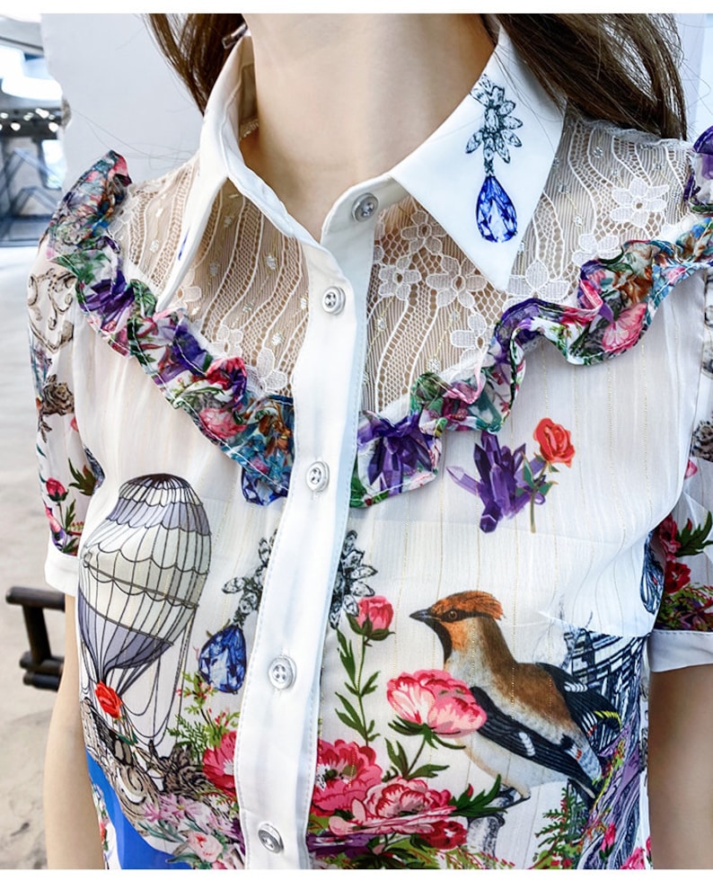 Women's Floral Print Coordinated Set, Short Sleeve Shirt with Shorts, Digital Print Hot Air Balloon Pattern, White
