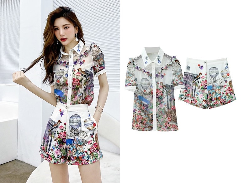 Women's Floral Print Coordinated Set, Short Sleeve Shirt with Shorts, Digital Print Hot Air Balloon Pattern, White