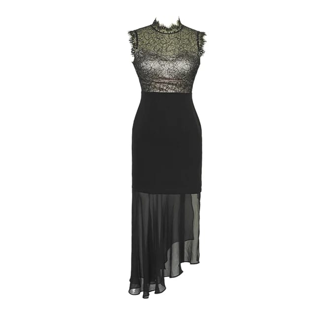 Western Couture Elegant Lace Bodice Evening Dress, Black Asymmetric Fishtail Hem, Sleeveless High Neck