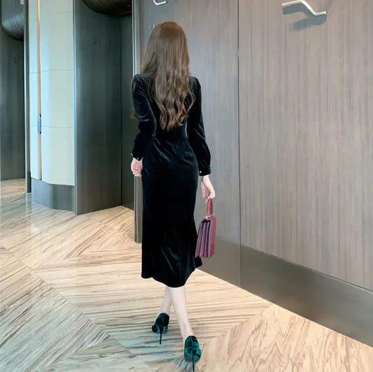 Western Couture Velvet Party Dress, Long Sleeves, Black, V-Neck, Ruched Wrap Design, 117 cm Length