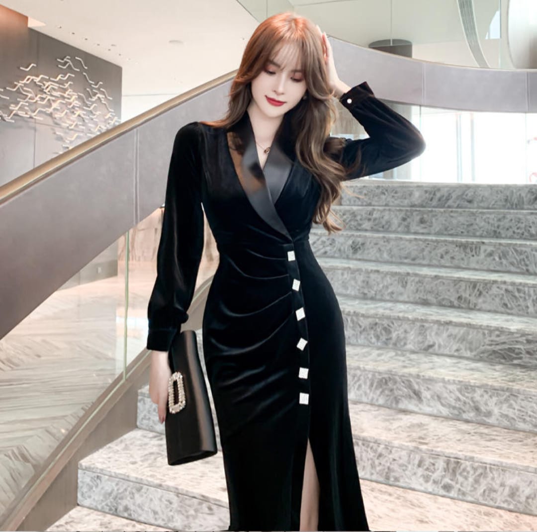 Western Couture Velvet Party Dress, Long Sleeves, Black, V-Neck, Ruched Wrap Design, 117 cm Length