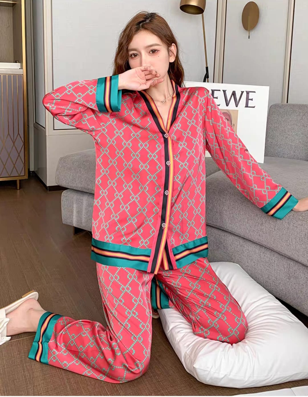 Women's Geometric Print Silk Pyjama Set, Pink with Turquoise Trim, Button-Front Night Suit
