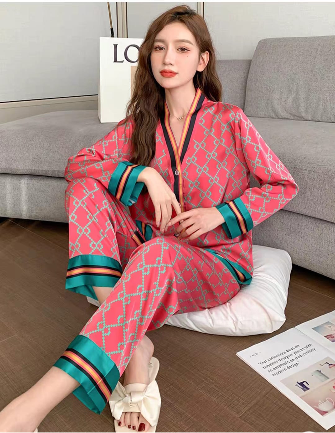 Women's Geometric Print Silk Pyjama Set, Pink with Turquoise Trim, Button-Front Night Suit