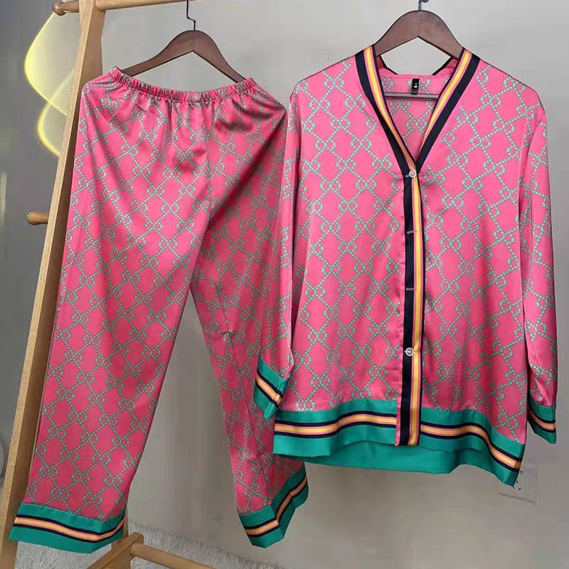 Women's Geometric Print Silk Pyjama Set, Pink with Turquoise Trim, Button-Front Night Suit