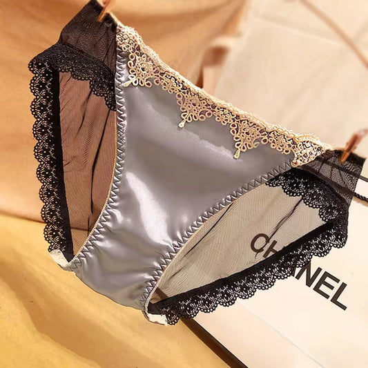 Women's Silk Thong Panty with Lace Detail