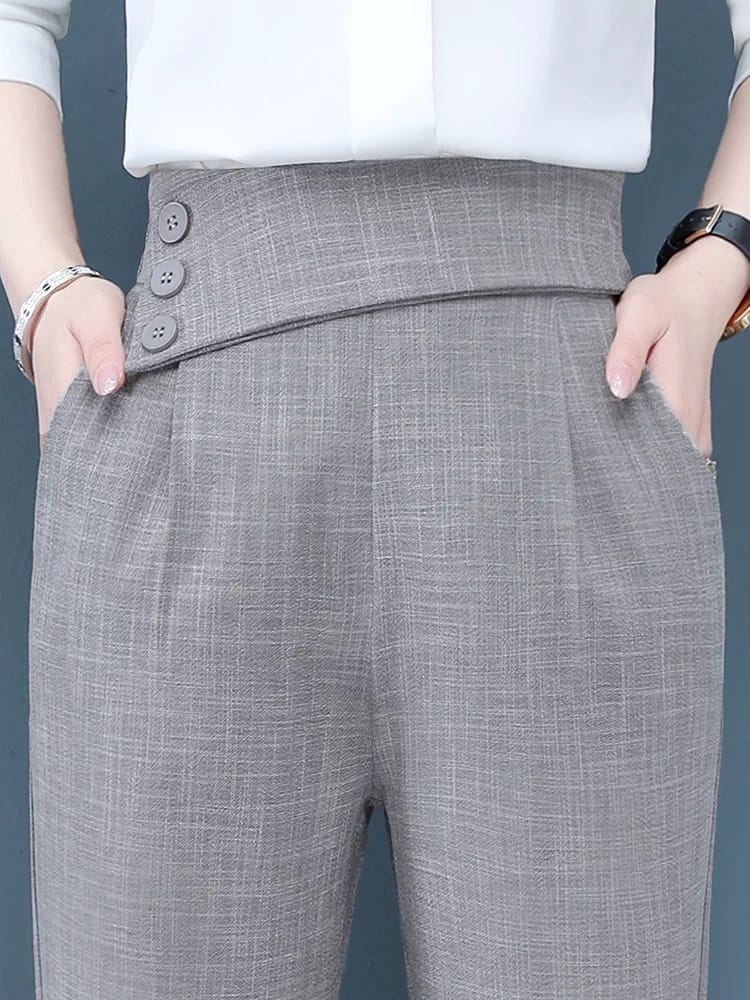 Western Couture Corporate Edge High-Waist Asymmetric Buttoned Trousers