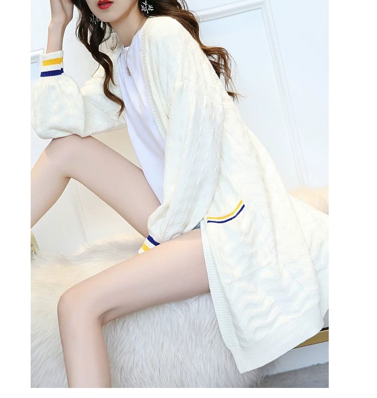 Western Couture Varsity Edge Oversized Cable-Knit Open-Front Cardigan Shrug