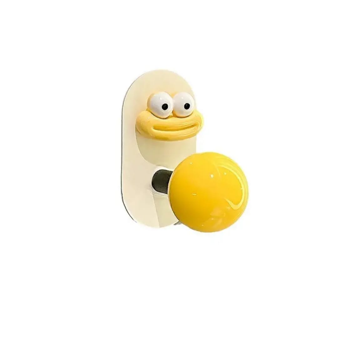 Cartoon face hooks mounted on wall holding bags and chains - Blue, Yellow and Pink