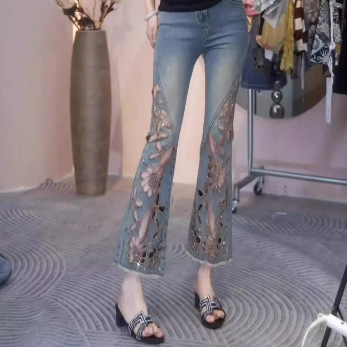 Imported Cutwork Flared Denim Jeans | Elegant Floral Style with Designer Paneling