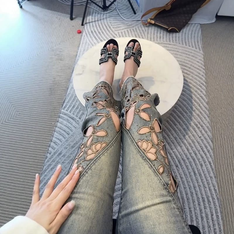 Imported Cutwork Flared Denim Jeans | Elegant Floral Style with Designer Paneling