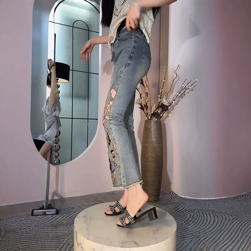 Imported Cutwork Flared Denim Jeans | Elegant Floral Style with Designer Paneling