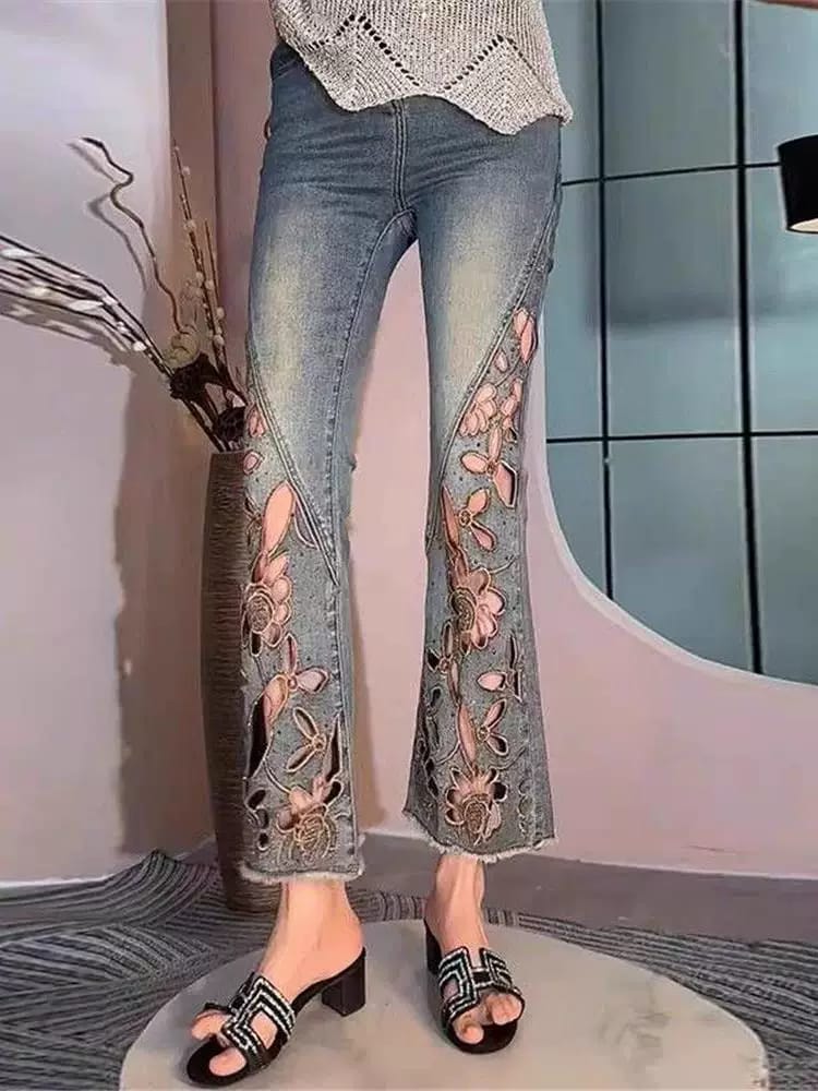 Imported Cutwork Flared Denim Jeans | Elegant Floral Style with Designer Paneling
