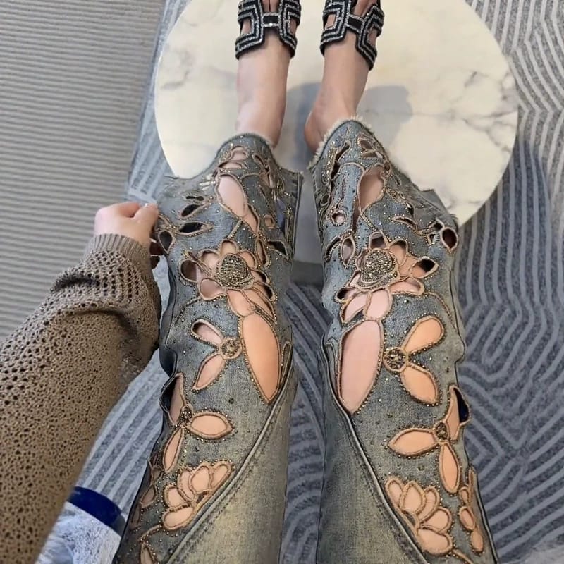 Imported Cutwork Flared Denim Jeans | Elegant Floral Style with Designer Paneling