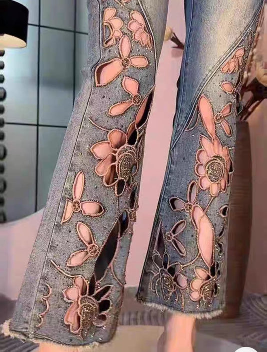 Imported Cutwork Flared Denim Jeans | Elegant Floral Style with Designer Paneling