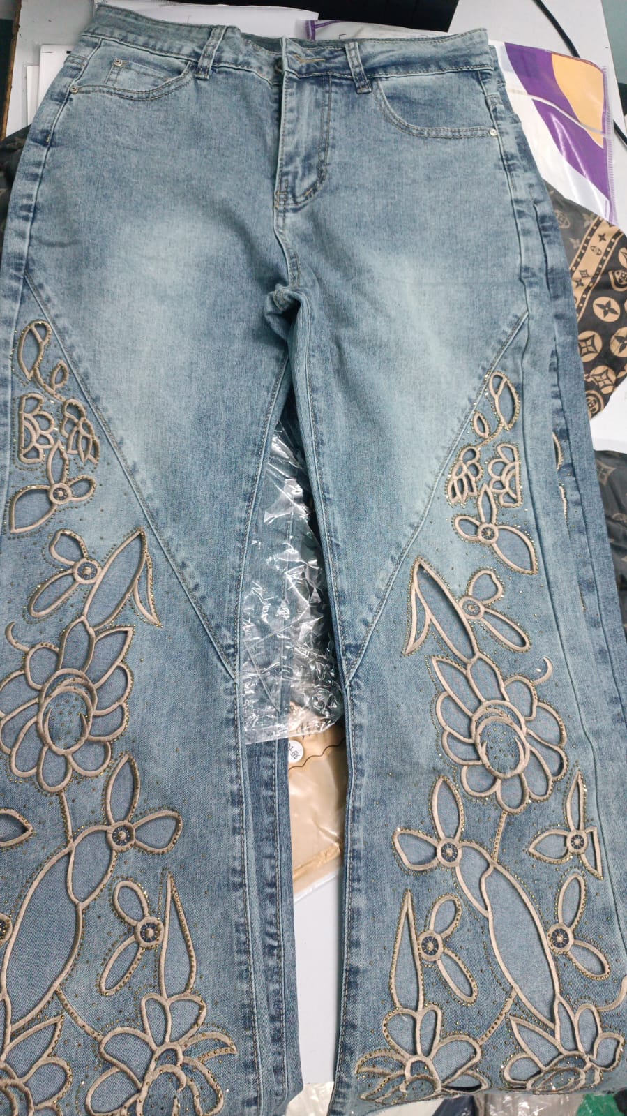 Imported Cutwork Flared Denim Jeans | Elegant Floral Style with Designer Paneling