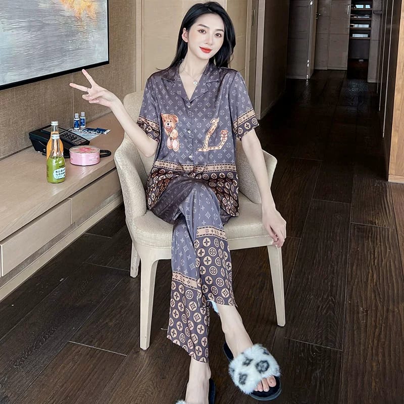 Women's Night Suit Set, Gray, Free Size, Printed, Soft Hosiery Cotton, Luxury Loungewear, 2-Piece Set, Indoor Wear