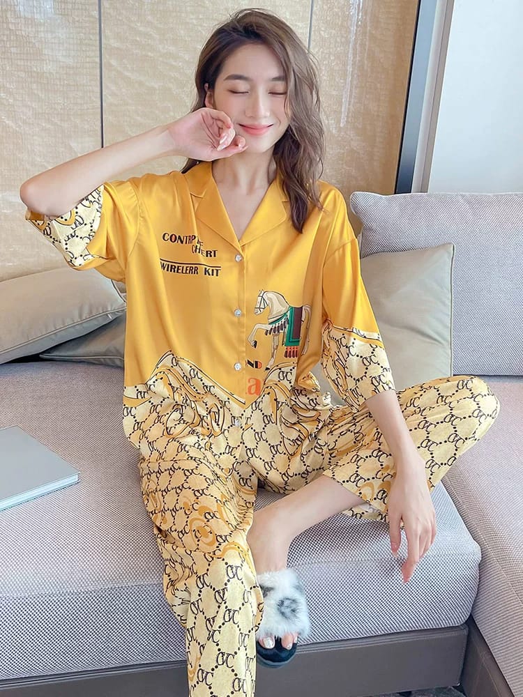 Women's Premium Night Suit Set, Orange, Free Size, Printed, Soft Hosiery Cotton, 2-Piece Loungewear, Button-Down Top with Full-Length Pants