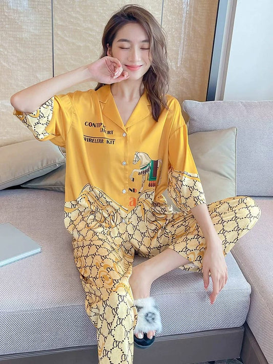 Women's Premium Night Suit Set, Orange, Free Size, Printed, Soft Hosiery Cotton, 2-Piece Loungewear, Button-Down Top with Full-Length Pants