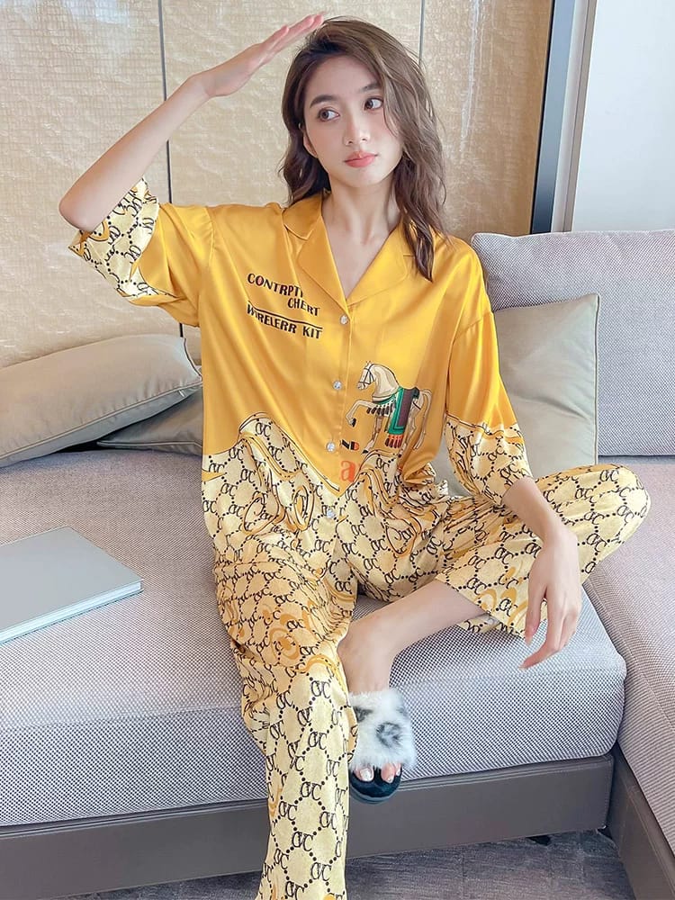Women's Premium Night Suit Set, Orange, Free Size, Printed, Soft Hosiery Cotton, 2-Piece Loungewear, Button-Down Top with Full-Length Pants