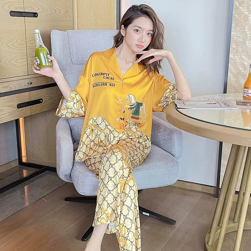 Women's Premium Night Suit Set, Orange, Free Size, Printed, Soft Hosiery Cotton, 2-Piece Loungewear, Button-Down Top with Full-Length Pants