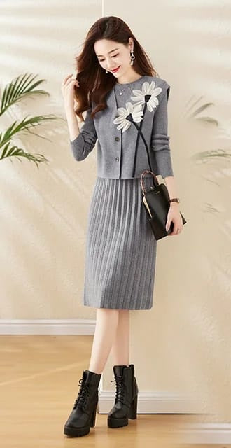 Western Couture Women's Grey Knit 2-Piece Dress Set - Premium Winter Woolen Co-ord