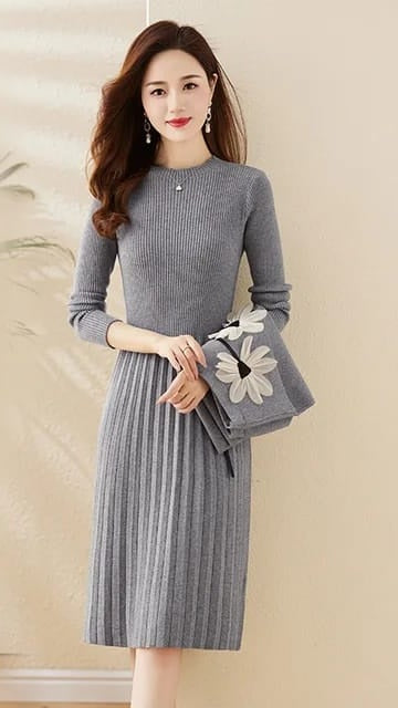 Western Couture Women's Grey Knit 2-Piece Dress Set - Premium Winter Woolen Co-ord