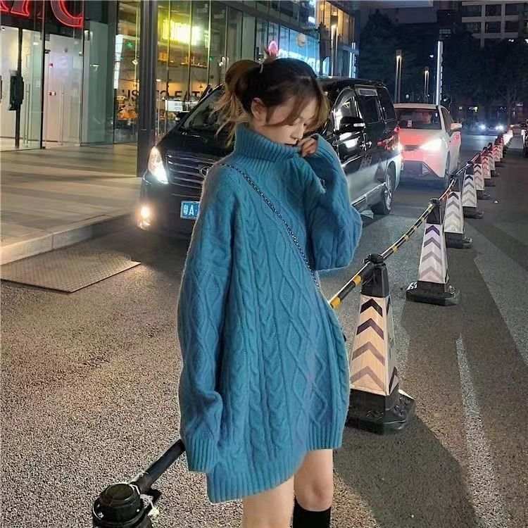 Western Couture Seoul Silhouette Oversized Cable-Knit Turtleneck Sweater Dress