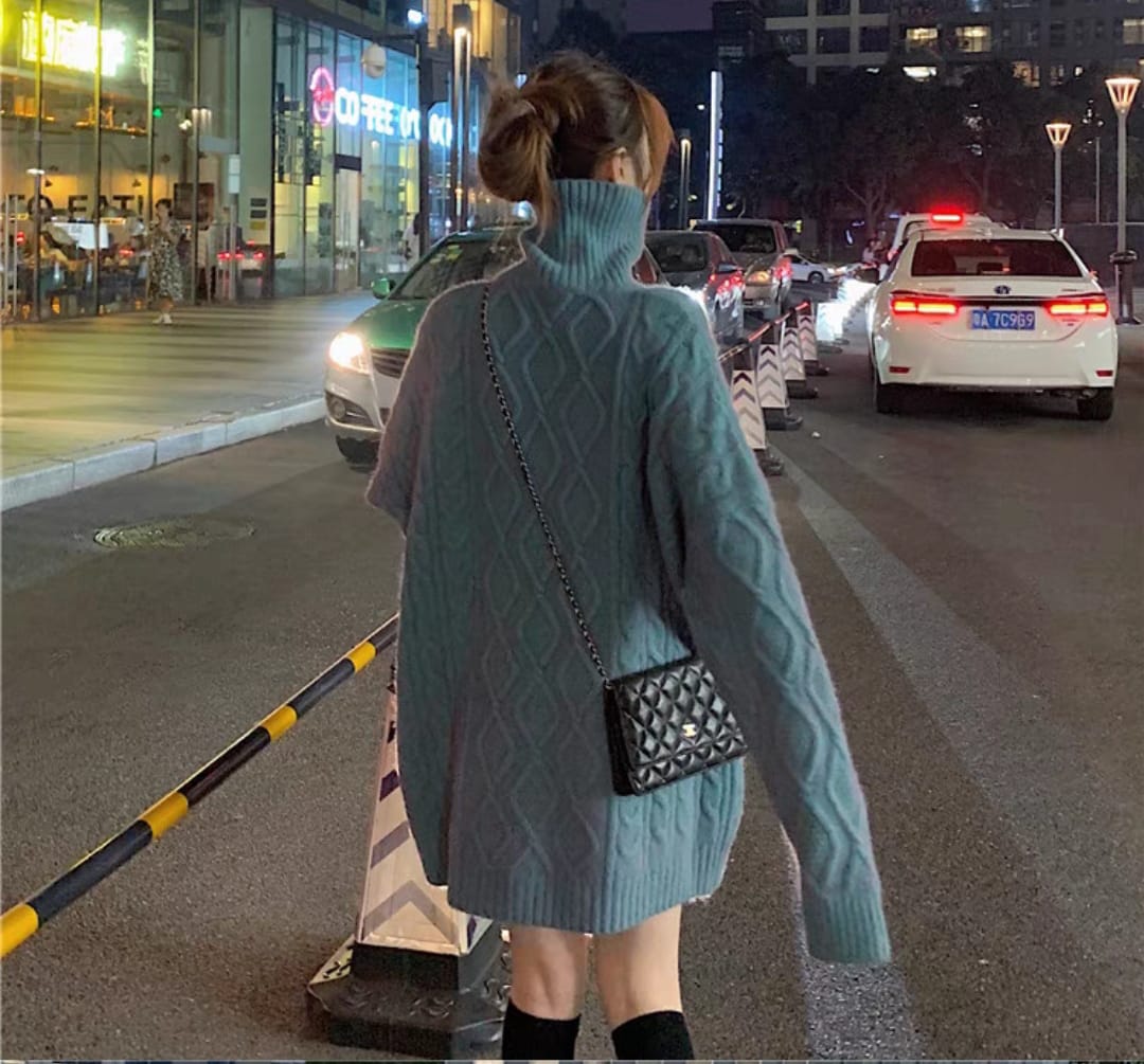 Western Couture Seoul Silhouette Oversized Cable-Knit Turtleneck Sweater Dress