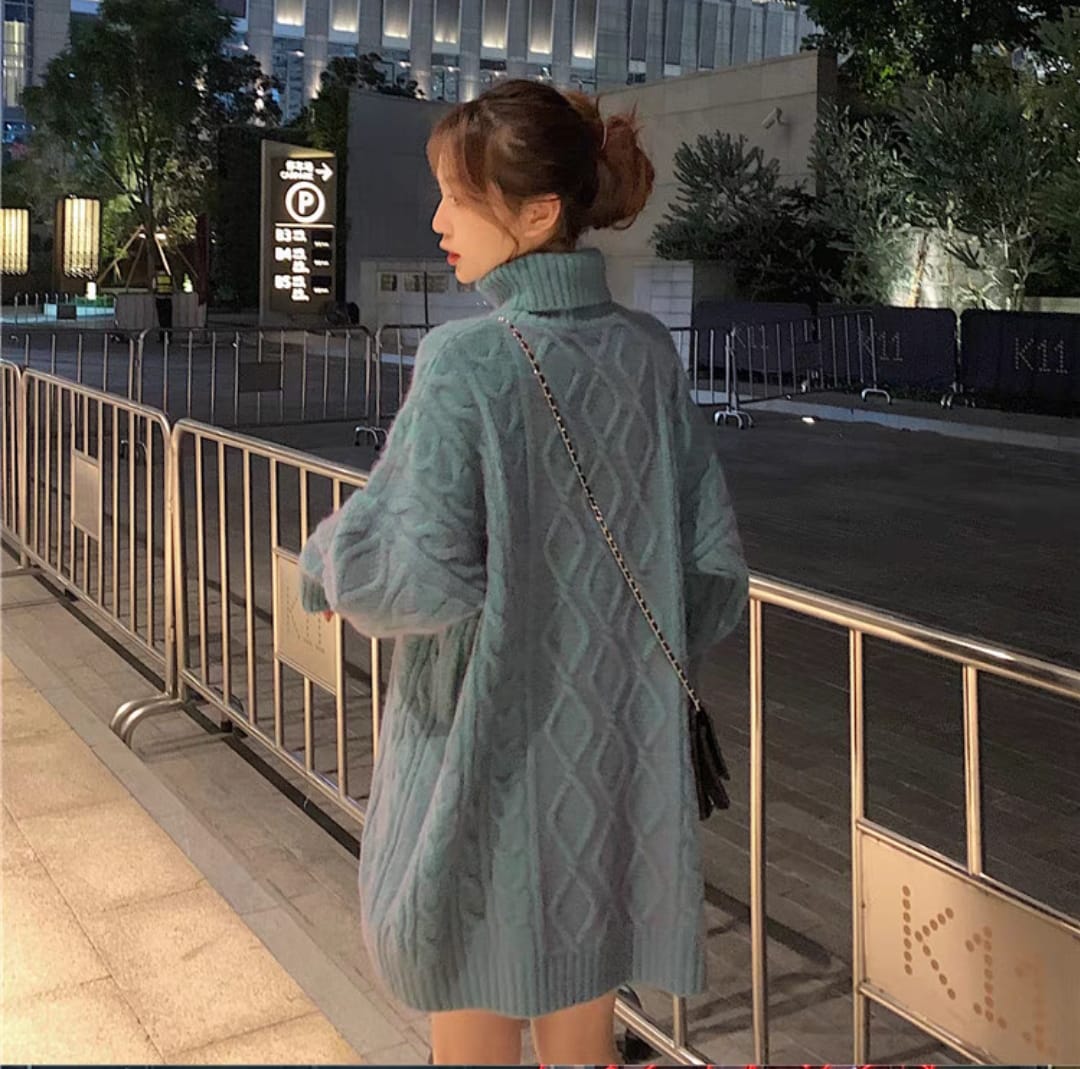 Western Couture Seoul Silhouette Oversized Cable-Knit Turtleneck Sweater Dress