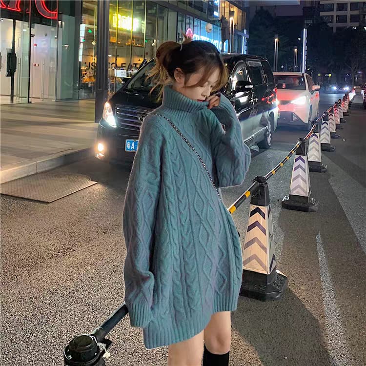 Western Couture Seoul Silhouette Oversized Cable-Knit Turtleneck Sweater Dress