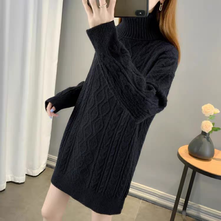 Western Couture Seoul Silhouette Oversized Cable-Knit Turtleneck Sweater Dress