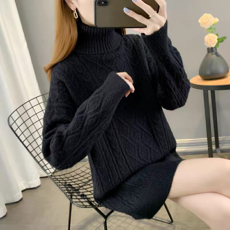 Western Couture Seoul Silhouette Oversized Cable-Knit Turtleneck Sweater Dress