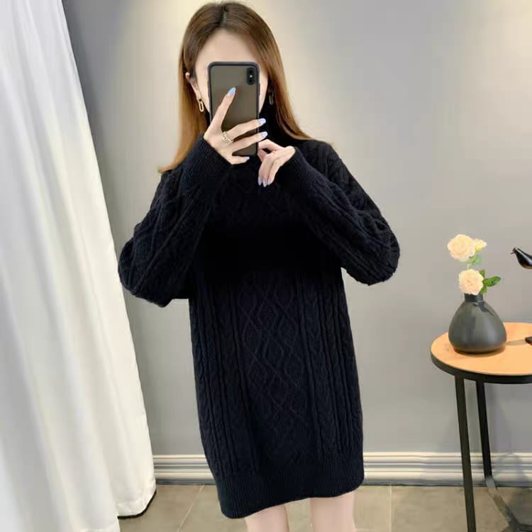 Western Couture Seoul Silhouette Oversized Cable-Knit Turtleneck Sweater Dress
