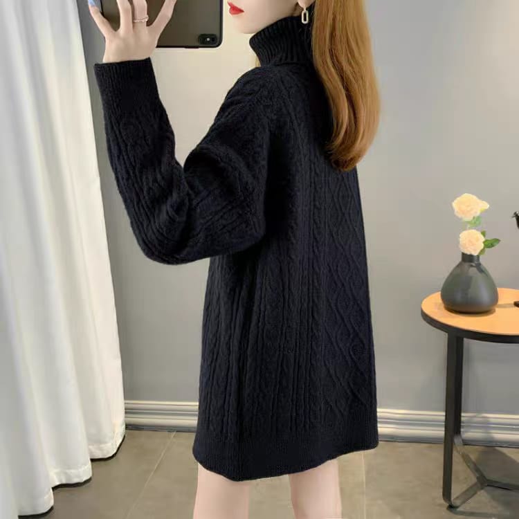 Western Couture Seoul Silhouette Oversized Cable-Knit Turtleneck Sweater Dress