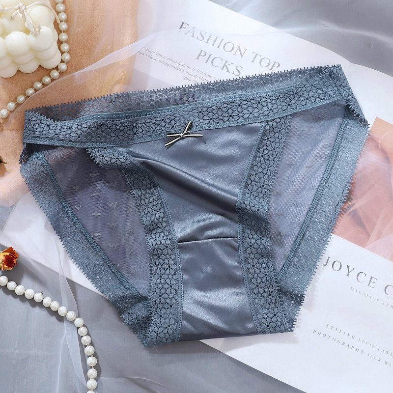 Women's Lace-Detailed Silky Underwear, Mid-Rise, Full Coverage Panty, Elegant Blue/Free Size, Imported Silky Blend, Premium Lace Trim